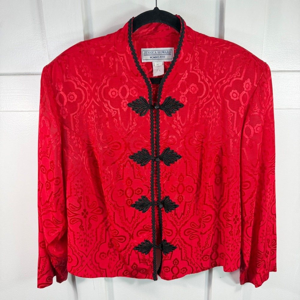 Jessica Howard Red Jacquard Damask Frog Closure Evening Jacket Womens Petite